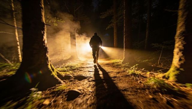 Walking silhouette with torch through misty night forest trail, dramatic backlit adventure