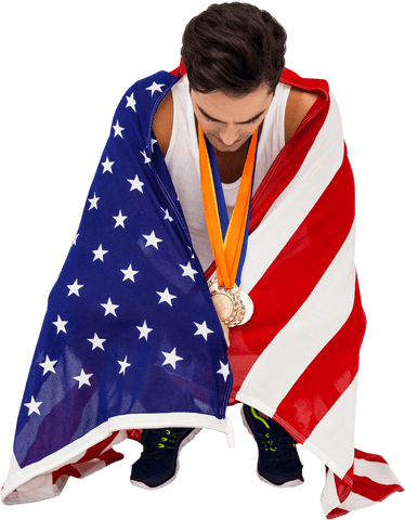 athlete celebrating victory with gold medals and american flag, transparent background - Download Free Stock Videos Pikwizard.com