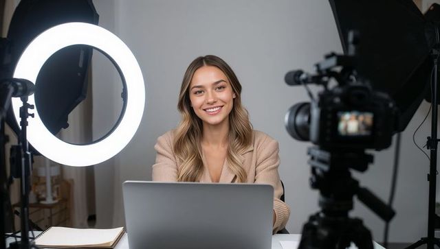 Female content creator presenting on camera from home studio with ring light and dslr