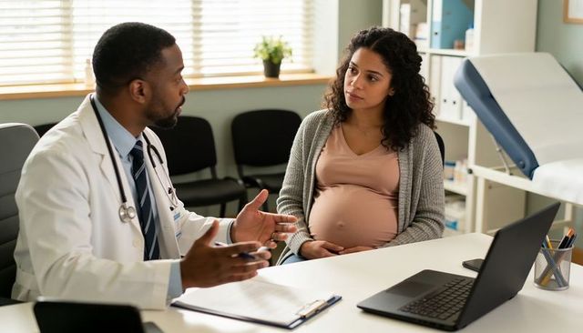 Physician consulting pregnant patient in clinic discussing prenatal care and birth planning