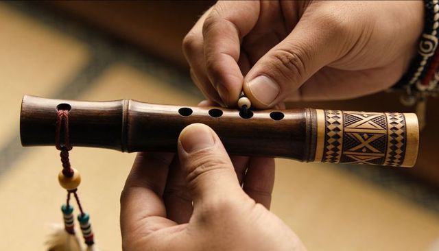 Artisan hands adjusting bead on handmade wooden flute with carved geometric inlay