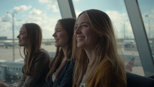 Three friends smiling at airport gate watching planes through large terminal windows