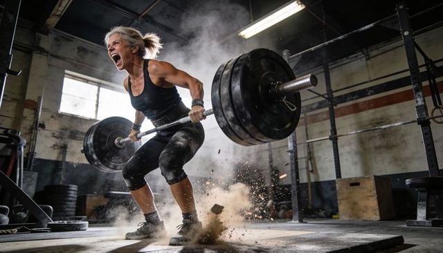 Female weightlifter executing explosive clean with chalk dust flying, raw power and grit
