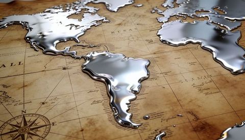 Liquid silver continents overlaying antique parchment world map showing compass rose