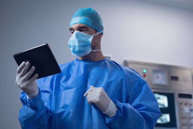 Male surgeon using digital tablet in operating room at hospital