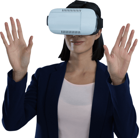 Businesswoman Using Transparent VR Headset With Hands Raised - Download Free Stock Videos Pikwizard.com