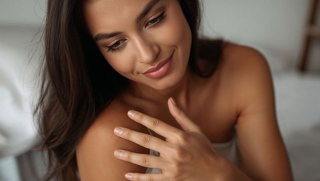 Smiling woman gently touching shoulder while resting on bed with natural makeup soft light