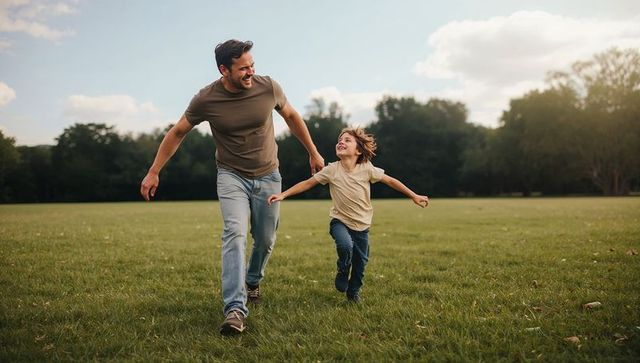 Father and Son Running and Laughing Across Sunny Park Field During Late Afternoon Play