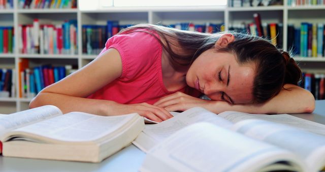 Exhausted Student Sleeping at Library Desk with Open Books - Download Free Stock Images Pikwizard.com