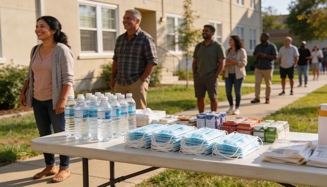 Community aid table offering masks water and snacks for neighborhood distribution