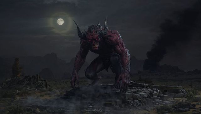 Horned Red-skinned Demon in Moonlit Wasteland