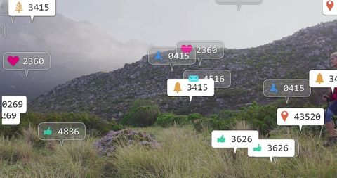 Hiking Couple Amidst Digital Landscape Displayed with Social Media Icons