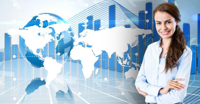 Digital composition of a confident businesswoman with world map and bar graph in background