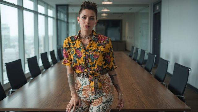 Confident woman standing in boardroom wearing yellow floral blouse and patterned pants