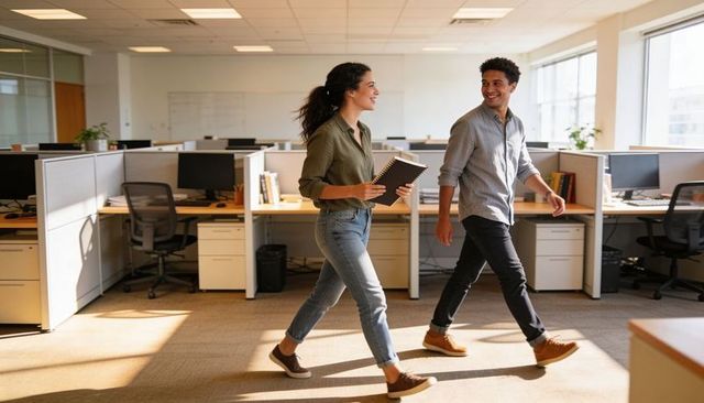 Two young coworkers walking and chatting through sunlit open-plan office holding notebook