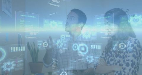 Collaborating Team Reviewing Augmented Reality Holographic Interface and Data in Office
