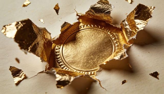 Torn gold foil revealing embossed medallion with beaded rim on light beige surface