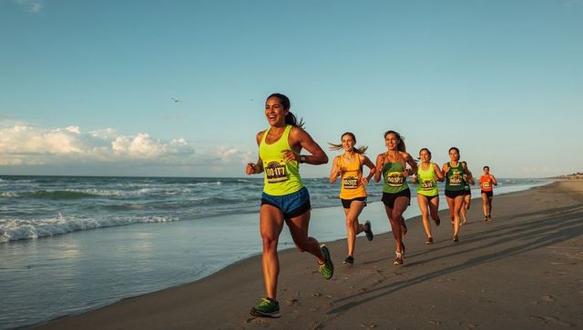 Female runners leading pack along sunrise beach running race, neon tanks and bib numbers