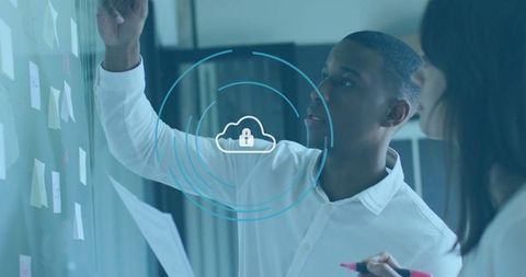 Collaborative team brainstorming with cloud security concept