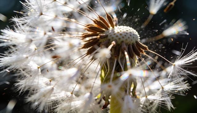 Macro dandelion seeds dispersing backlit with sunlit bokeh and light flares