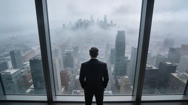 Standing executive gazing over fog-shrouded city skyline from high-rise office window