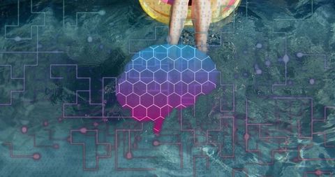 Floating on Neon Tube Over Water with Hex Brain Overlay and Circuit Network Concept