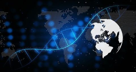Glowing DNA Helix Linking Dotted World Map and Globe for Global Biotech Network
