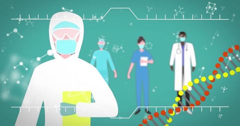 Healthcare professionals analyzing virus data with molecular structures