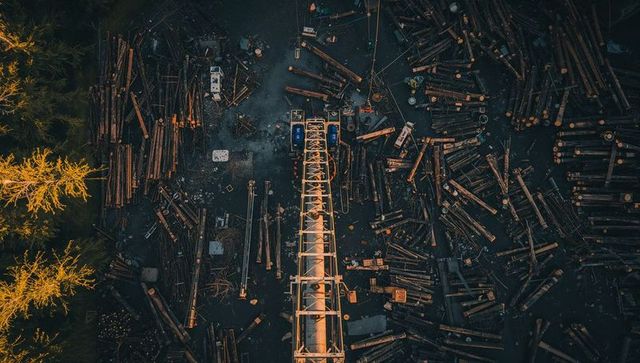 Aerial lumber yard with central conveyor boom, stacked logs, machinery and two blue cabs