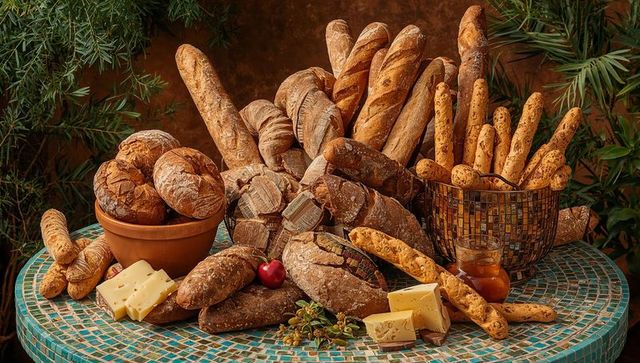 Assorted rustic artisanal breads and cheese on mosaic table with honey and apple