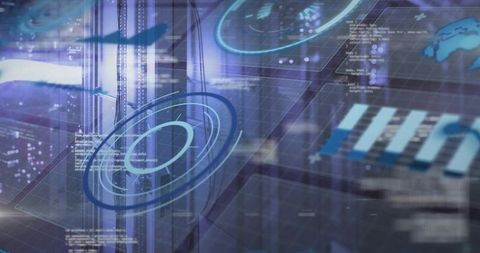 Floating Holographic HUD Analytics Overlay Projecting Rings Above Data Center Servers