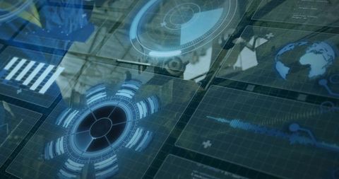 Holographic control interface projecting circular huds and global data analytics dashboard