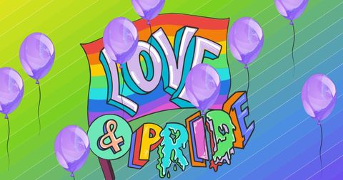 Love and Pride Rainbow Text with Purple Balloons Design