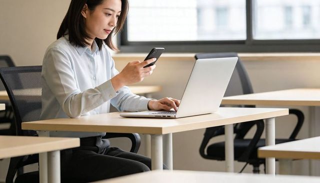 Professional woman using phone and laptop in modern classroom workspace