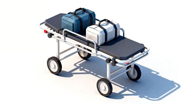 Wheeled medical stretcher carrying blue and gray duffel bags on white studio background