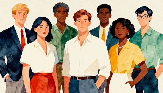 Diverse young professionals standing confidently in watercolor portrait for business