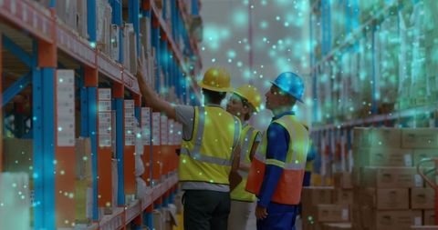 Warehouse team working amidst captivating digital overlay