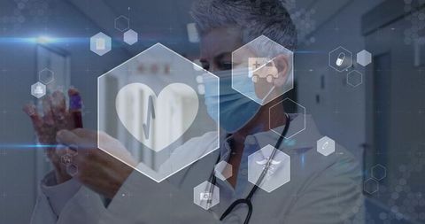 Clinician Wearing Mask Holding Wearable Sensor with Digital Medical HUD for Remote Monitoring