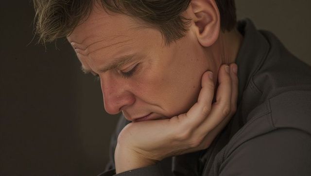 Middle-aged man leaning and resting face on hand, contemplative closeup portrait