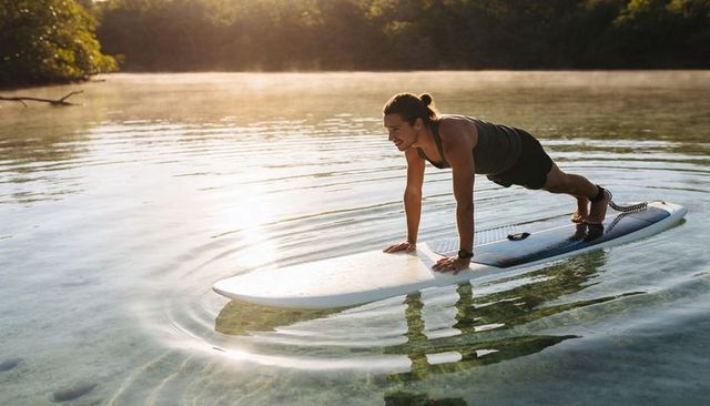 Sunrise paddleboard plank workout on clear lagoon showcasing balance and core strength