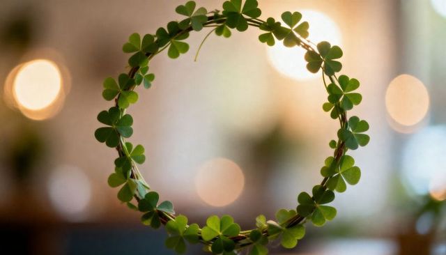 Circular clover wreath hanging in warm bokeh light for rustic botanical decor