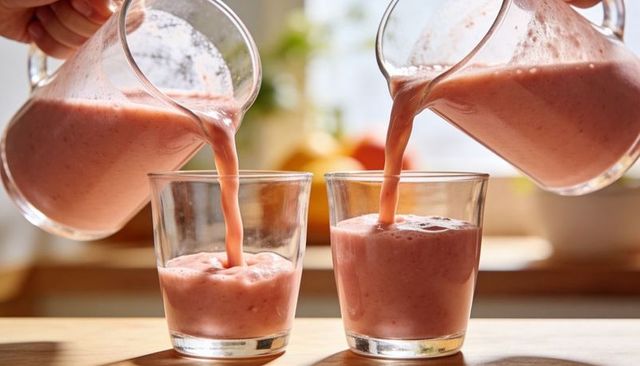 Two strawberry banana smoothies pouring from pitchers into glasses on sunny wood counter