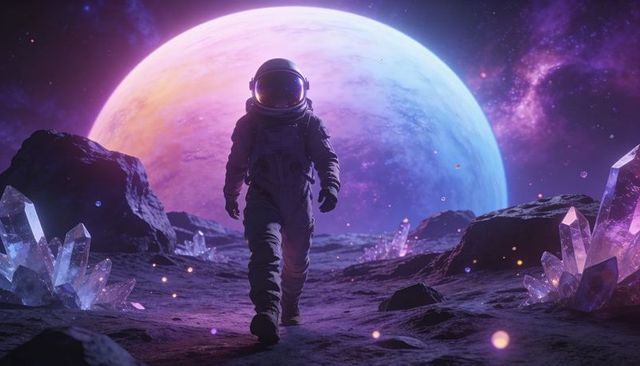 Astronaut walking across alien moon with glowing crystals and giant colorful gas planet