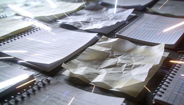 Crumpled Brown Paper Lying Among Spiral Notebooks on Dark Wood Table with Light Streaks
