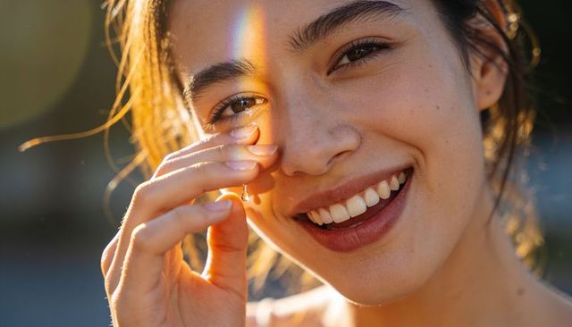 Smiling woman touching face with droplet and rainbow light, sunlit golden hour portrait