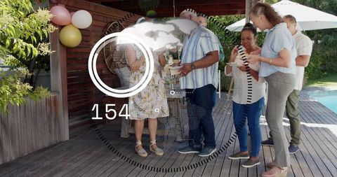 Multigenerational friends celebrating backyard poolside gathering with futuristic hud overlay