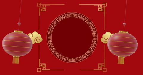 Traditional Chinese New Year Lanterns and Patterns on Red Background