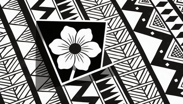 Black and white stylized floral motif on geometric tribal textile with diagonal zigzag bands graphic