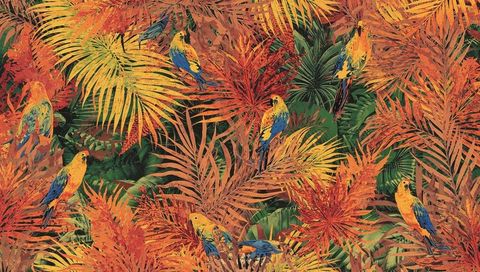 Tropical parrots among vibrant palm and fern leaves