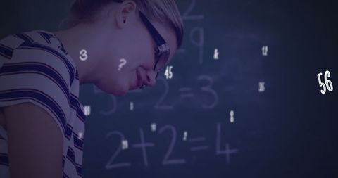 Diverse female teacher guiding student with overlapping math symbols